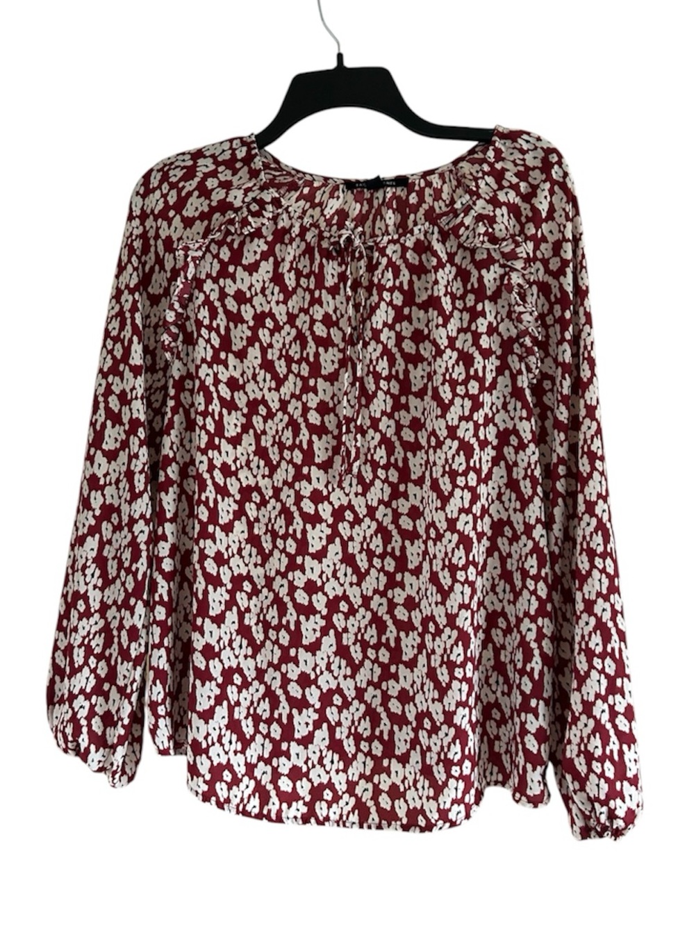 Zac & Rachel Ruffle Patterned Tie Front Size Small Burgundy Long Sleeve Blouse